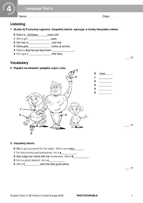 Angielski English Class A1 Klasa 4 Testy Z Działów English class a1 unit 4 test worksheet